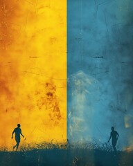 Obraz na płótnie Canvas Two People Walking Towards Each Other, Vibrant Background with Yellow and Blue Hues