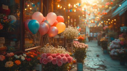 Multi-colored balloons decorate windows of a small street flower shop. Conceptual design of inflatable colored balloons to create a festive atmosphere and attract customers. Holiday sale.