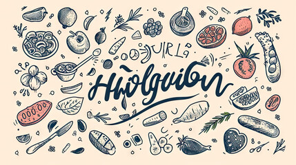 Hand-Drawn Set of Healthy Food Ingredient Doodles. Vector Illustrations. Creative Nutrition Concept.