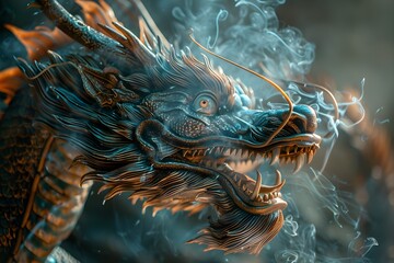 Oriental dragon exhaling smoke - obrazy, fototapety, plakaty