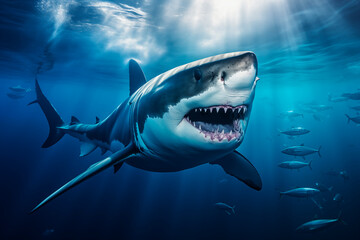 An imposing great white shark with open jaws swimming underwater.