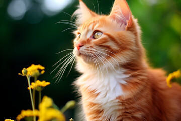 An orange tabby cat with a soft gaze and delicate whiskers among flowers.