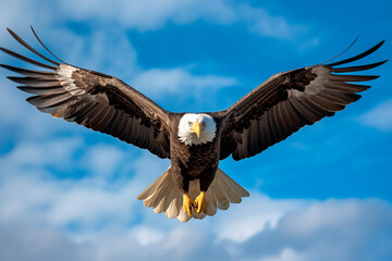 A majestic eagle in flight with its wings spread against a blue sky.