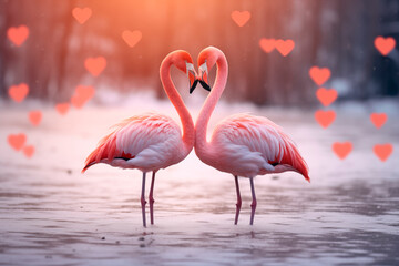 Two pink flamingos form a heart shape with their necks against a blurred red backdrop.