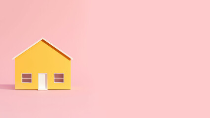 Yellow mini house on the pink background. Mortgage, real estate business.