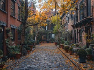 Fototapeta na wymiar a brick alley with trees and plants