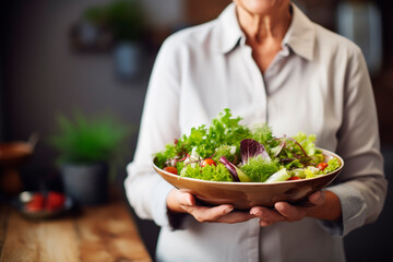 A woman in a white blouse holding a wooden bowl of fresh mixed salad greens, depicting healthy eating.