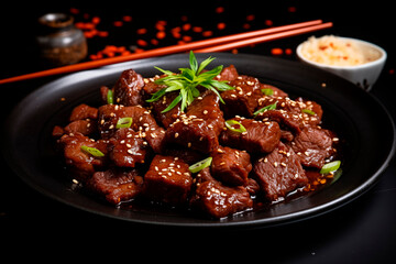 Tender beef stir-fry garnished with sesame seeds and scallions on a dark plate.