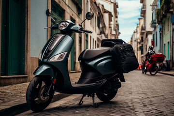 A scooter parked on a cobblestone street in an urban environment, representing modern, convenient urban transportation.

