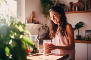 A young woman enjoying a pink smoothie with fresh mint at home.