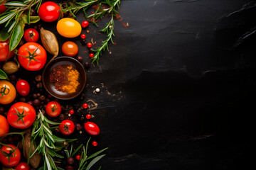 Fresh tomatoes with spices and herbs on a dark slate background.

