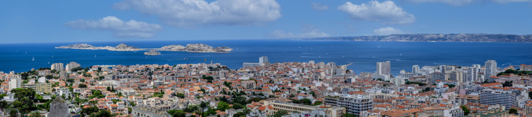 Beautiful panoramic view of the city of Marseille. Marseille is the second largest city of France, capital of the Provence-Alpes-Cote d'Azur region. MARSEILLE, FRANCE. - obrazy, fototapety, plakaty
