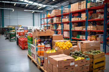 Colorful fruits and packaged goods stored in an industrial warehouse with metal shelving.