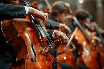 musician playing cello in orchestra - obrazy, fototapety, plakaty