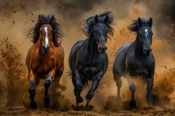 Fototapeta premium A herd of horses running, scattering dust