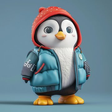 a cartoon penguin wearing a jacket and hat