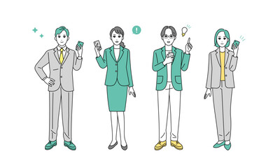 スマートフォンを持つ様々な職種のビジネスパーソンの全身イラスト