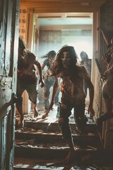 Horde of zombies running from inside the building