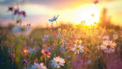 Fototapeta na wymiar Photo of flowers in the field during golden hour, flowers during golden hour, golden hour field