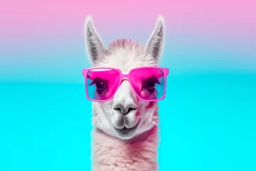 Foto op Canvas A quirky llama sporting pink sunglasses against a vibrant pastel gradient background, embodying playful fashion.   © EricMiguel