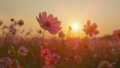 Obraz premium Photo of flowers in the field during golden hour, flowers during golden hour, golden hour field