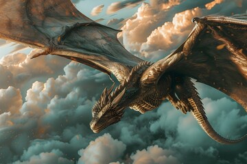 A vicious dragon flying high in the sky on clouds - obrazy, fototapety, plakaty