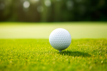 A detailed close-up of a white golf ball on the tee, with morning sunlight casting a soft glow over the green.

