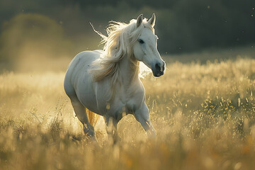white horse running on the meadow