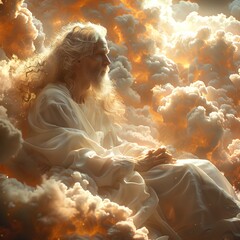 God in the form of a white-haired old man sitting in a thick cloud or smoke