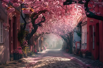 Tree-lined road with cherry blossoms in full bloom