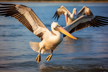 Fototapeta na wymiar A group of pelicans with outstretched wings landing on water.
