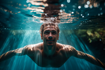 A man swimming towards the camera underwater with a bright smile. - obrazy, fototapety, plakaty