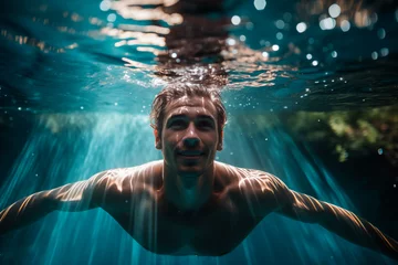 Foto op Plexiglas A man swimming towards the camera underwater with a bright smile. © EricMiguel