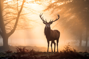 A majestic deer in silhouette against a foggy, golden sunrise in a tranquil forest.