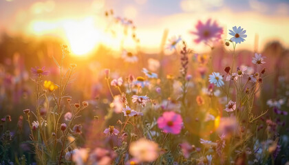Photo of flowers in the field during golden hour, flowers during golden hour, golden hour field