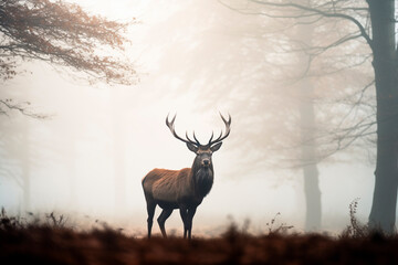 A majestic deer in silhouette against a foggy, golden sunrise in a tranquil forest.