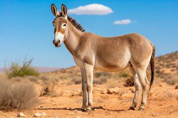 Obraz premium A lone donkey standing in a desert landscape with blue skies and sparse vegetation.