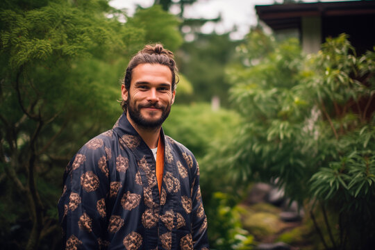 A smiling man wearing a traditional kimono in a lush garden setting.