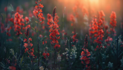 Photo of flowers in the field during golden hour, flowers during golden hour, golden hour field