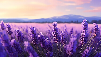 Obraz premium Close-up of colorful blooming lavender fields in front of cloudy blue sky