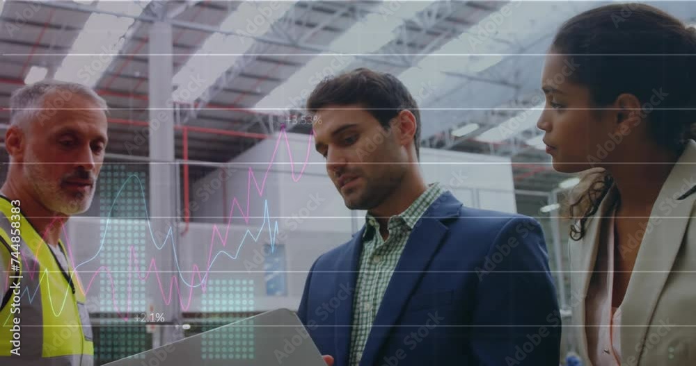 Poster animation of data processing over diverse colleagues using tablet