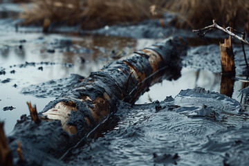 Fototapeta premium A Fallen Birch Amidst a Muddy Terrain Capturing the Essence of Wilderness