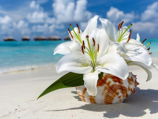 Bouquet of tropical white lily flowers 
in vase from seashell on sandy beach of on ocean shore
in Maldives. Piece of paradise.