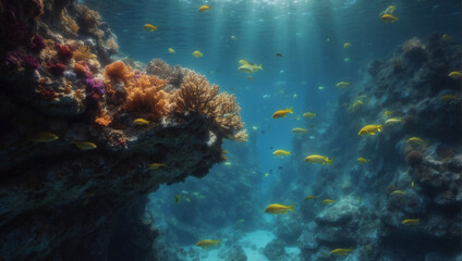 coral reef in the red, coral reef with fish, coral reef and fishes