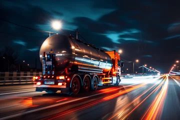 Tuinposter Nighttime Highway Journey: A Tanker Truck Illuminated by Streetlights © Maksym