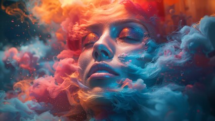 3D clean depiction of a mind in creative overdrive colors bursting from the head in vivid splendor - obrazy, fototapety, plakaty