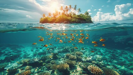 Tropical island and beautiful underwater - obrazy, fototapety, plakaty