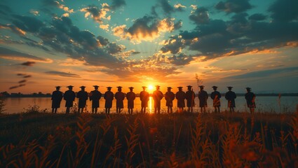 Silhouettes of a group of graduation students standing by the open lake at sunset