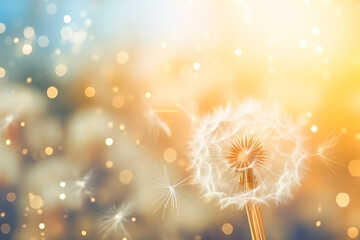 Obraz premium Whimsical dandelions with seeds blowing in the wind, symbolizing change and growth.