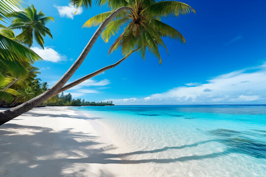 A pristine beach scene with clear blue waters, white sand, and a leaning palm tree.